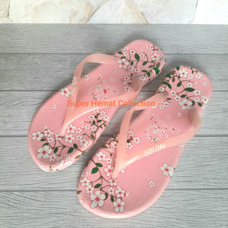 Boloni Gofu Sandal Jepit Full Karet Wanita Cewek Motif Bunga Sakura Bali Murah Kekinian (Goofu)-Pink