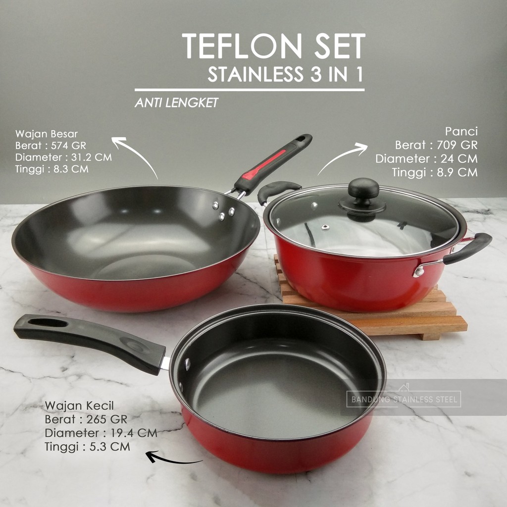 COOKWARE TEFLON SET WARNA WARNI STAINLESS 3 IN 1 WAJAN PANCI PENGGORENGAN