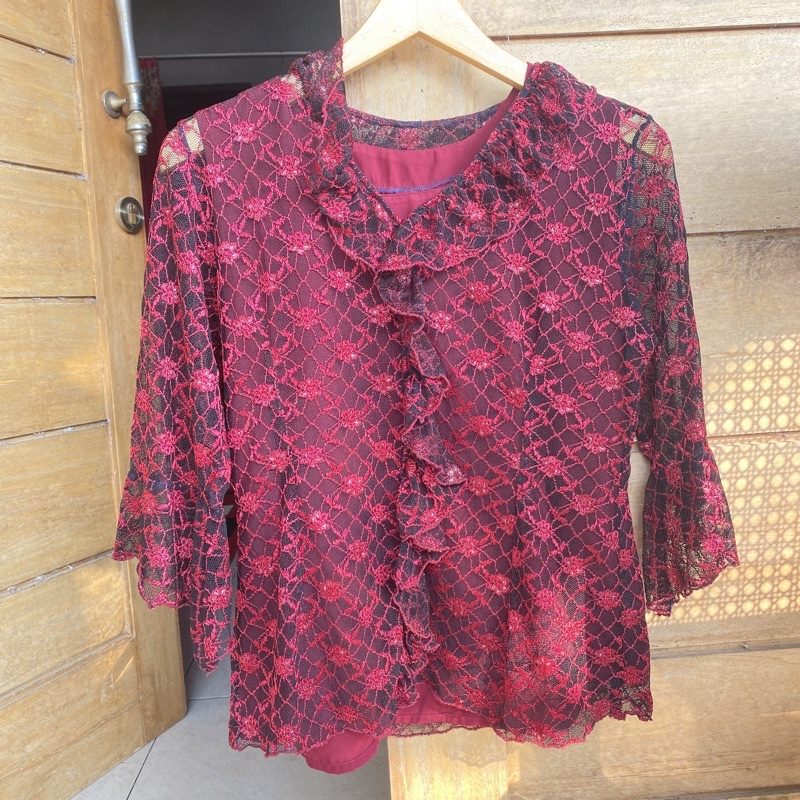 new kebaya Oneset Tile Atasan Wanita Maroon black one set ( setelan ) inner + outer marun baru kutub