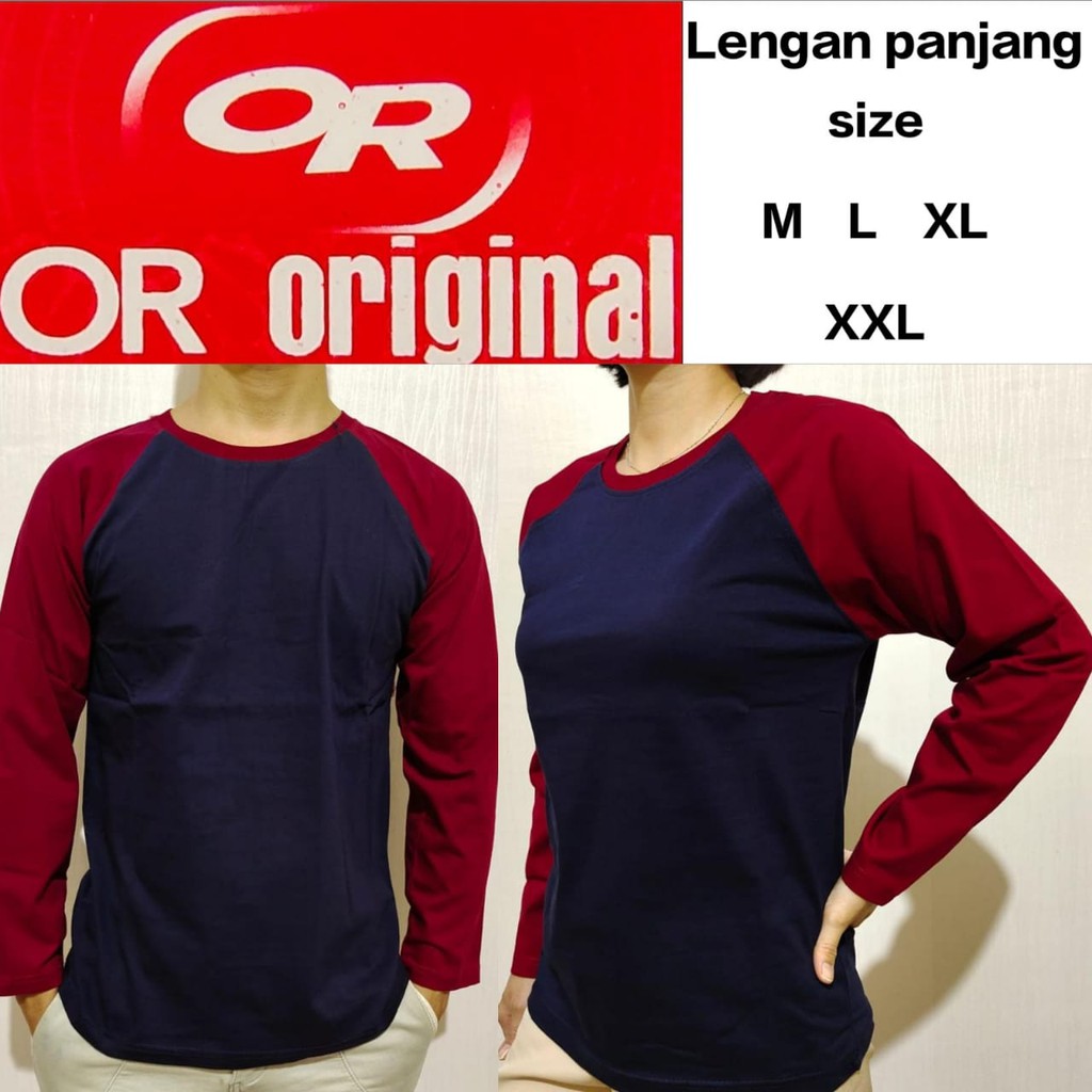 kaos polos raglan biru dongker/navy lengan maron panjang M L XL XXL