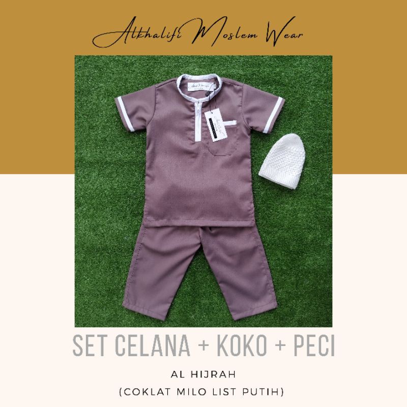 Terbaru SET KOKO AL HIJRAH (COKLAT MILO LIST PUTIH) | Setelan Koko Bayi/Anak Premium by Alkhalifi