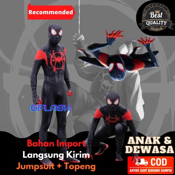 Kostum Spiderman Import Miles Morales Anak Dewasa Baju Cosplay Ultah Topeng Spider Hitam