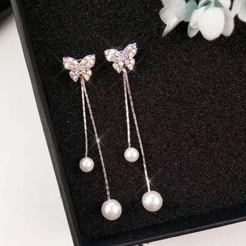 Anting Rumbai Desain Kupu-Kupu Aksen Mutiara Gaya Korea Minimalis Untuk Wanita