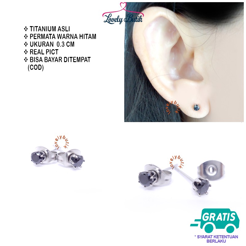 Lovelybutik Anting Anti karat Anting Tindik Wanita Titanium Crown Anting Permata Hitam