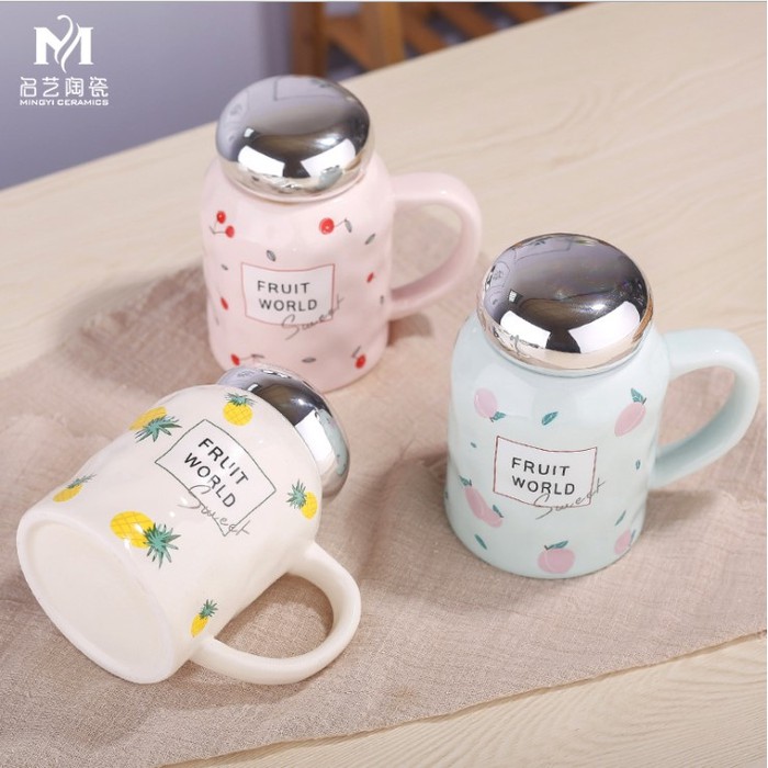 Gelas Minum Gelas Mug keramik Lucu cangkir minum motif buah - TBR035 - Pink