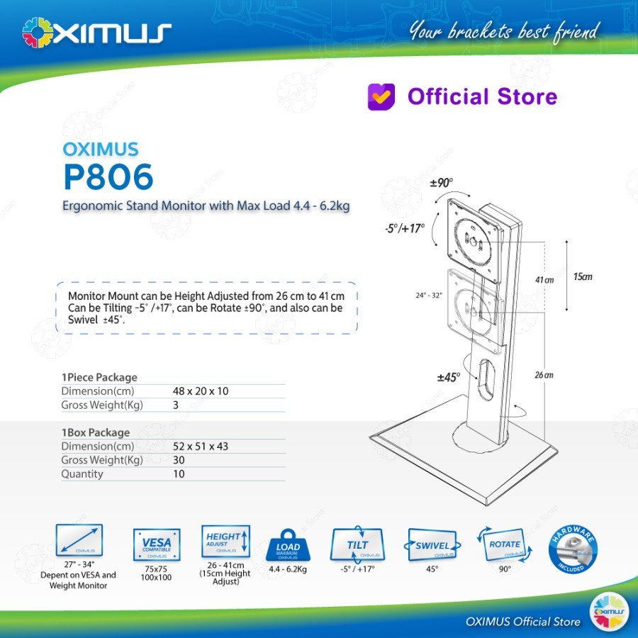 Ergonomic Monitor Stand OXIMUS P806 For Monitor LED LCD 27-34 Inch