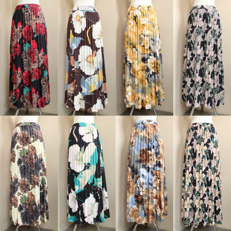 Rok Plisket Import Motif Bunga Model Lebar Banyak Motif