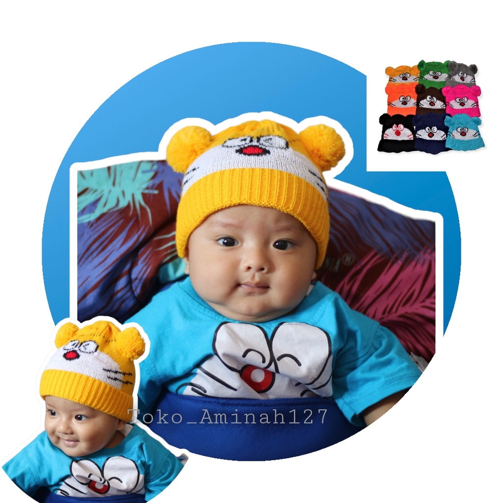 KUPLUK BAYI RAJUT DORAEMON BORDIR NAMA SUKA-SUKA ATAU POLOSAN / TOPI RAJUT BAYI DAN ANAK KEKINIAN BI