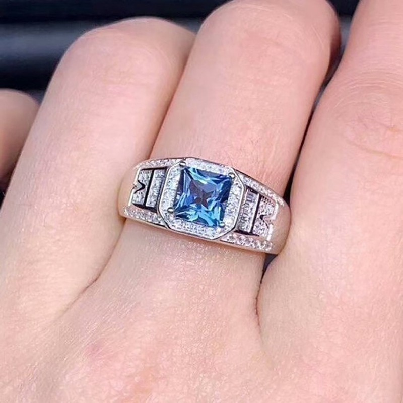 Cincin Perak Berlian Safir Fashion Pria Wanita Kristal Biru Rings