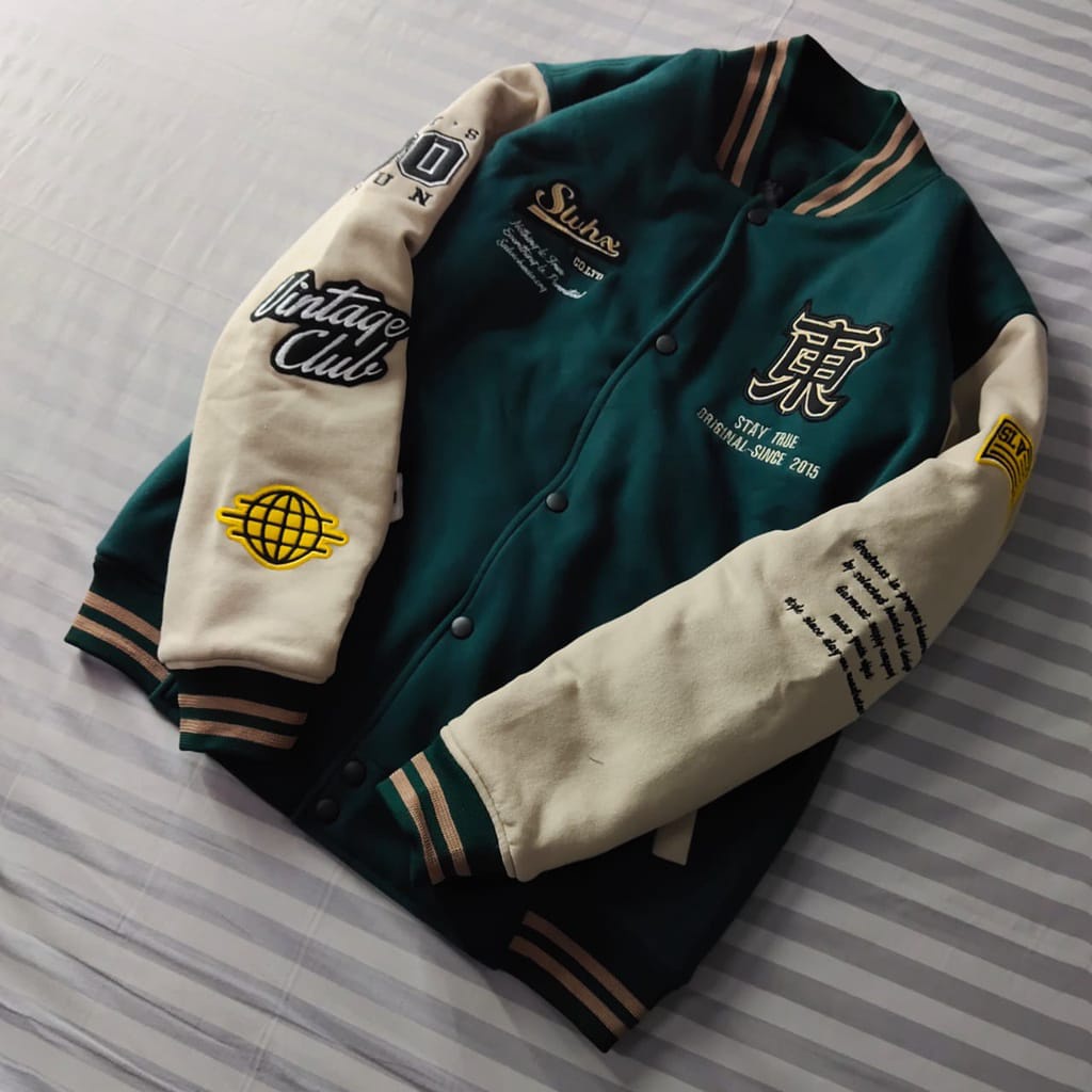 Jaket Varsity Baseball Full Bordir Pria Wanita Bahan Fleece Tebal Ukuran L XL XXL XXXL-Hijau