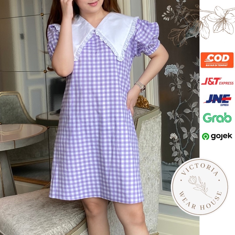 Yoora Dress Midi Kerah Besar Lengan Balon Puffy Sleeve Bahan Katun Dres Pakaian Wanita Casual