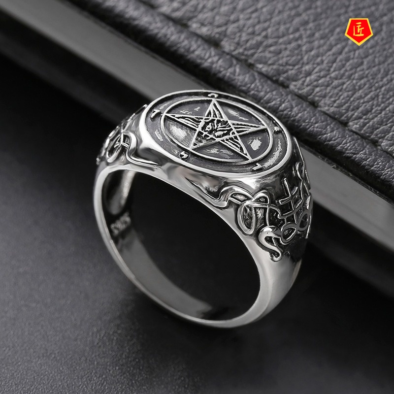 [Ready Stock]Retro Personality Silver Pentagram Band Badge Ring