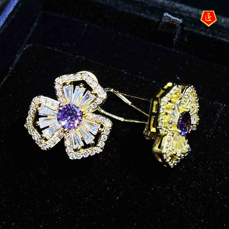 [Ready Stock]18K Gold Clover Micro-Inlaid Full-Jeweled Stud Earrings