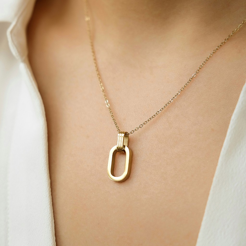 Rectangle Double Link Dainty Necklace — 18K Gold Plated Stainless Steel Kalung Rantai Anti Karat