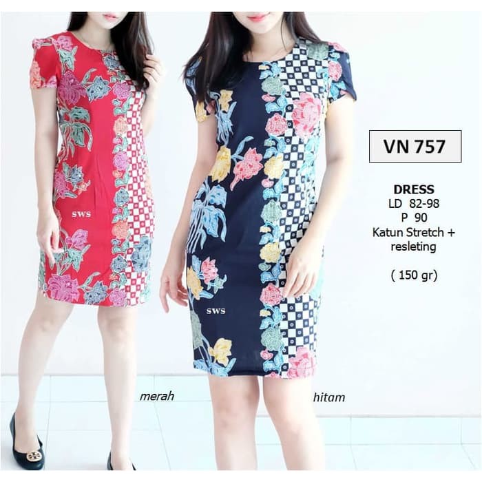 SEVN757   DRESS BATIK MODERN MIDI SEPAN BODYCON WANITA MURAH   Hitam Murah