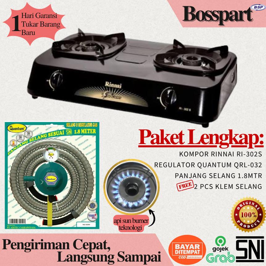 Paket Kompor Gas Rinnai 2 Tungku RI-302s bonus selang regulator Quantum