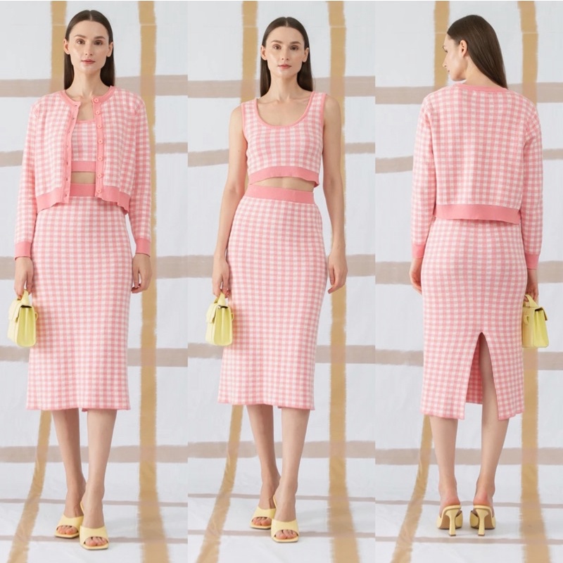 READY OUDRE Yubi set 3pcs (cardigan,inner,skirt) in Pink