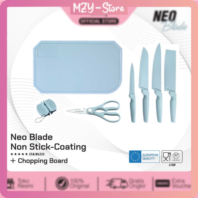 (Voucher Diskon 20 RB + Free Bubble) Stein Steincookware Pisau Neo Blade Cutting Board 7 in 1 Talenan Set Stein Pisau Biru Pisau Stein Neoblade Set Original