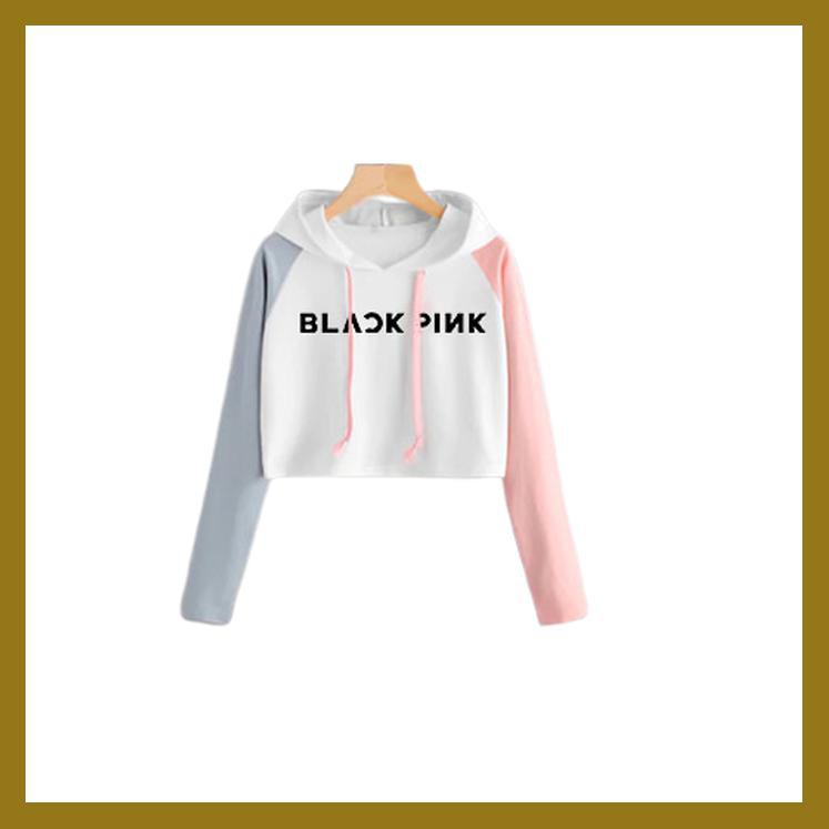 MICHELLESTORE SWEATER WANITA CROP HOODIE BLACKPINK KOMBINASI - PUTIH