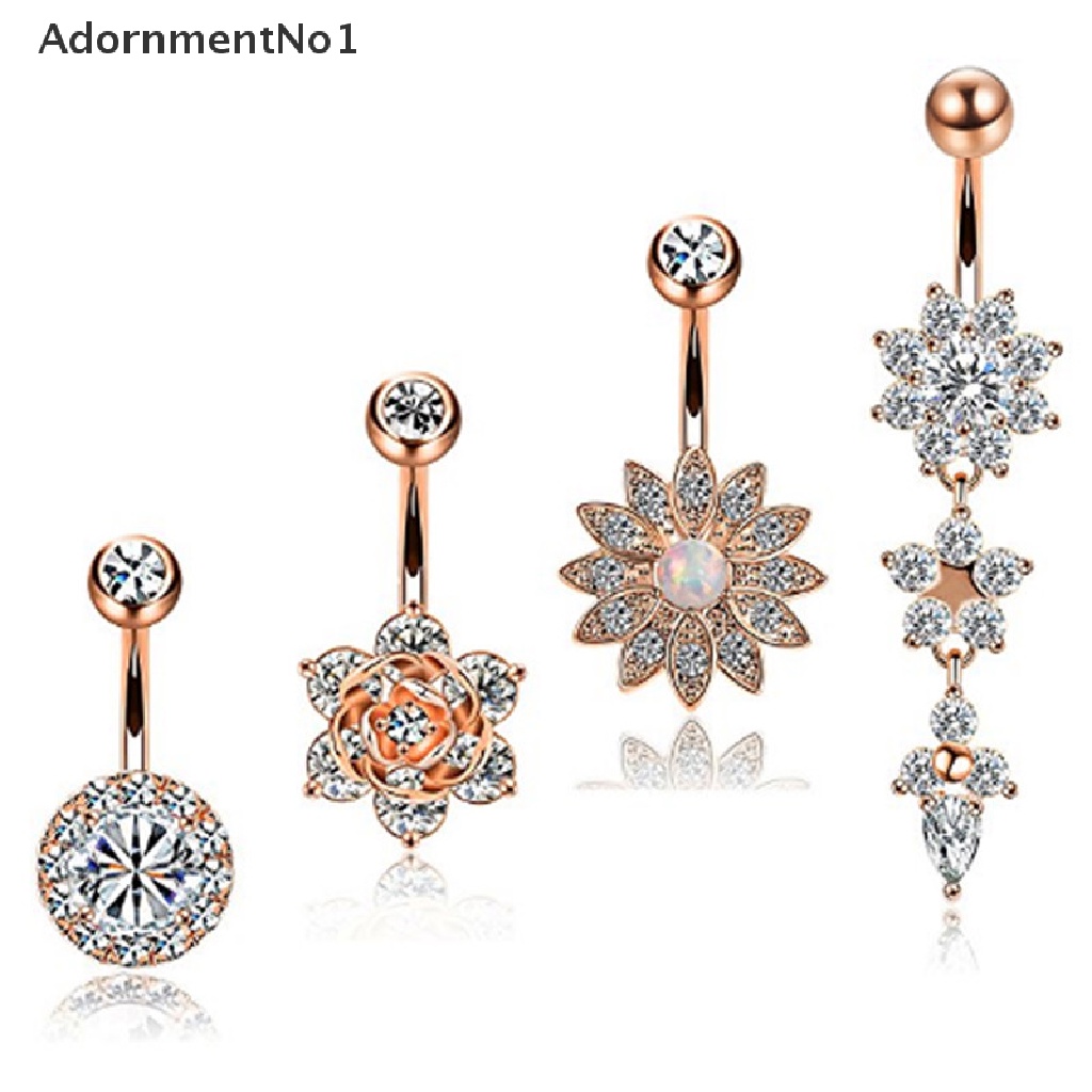 (AdornmentNo1) 6pcs / Set Anting Tindik Perut / Pusar Model Gantung Bahan Stainless Steel Hias Kristal Untuk Wanita