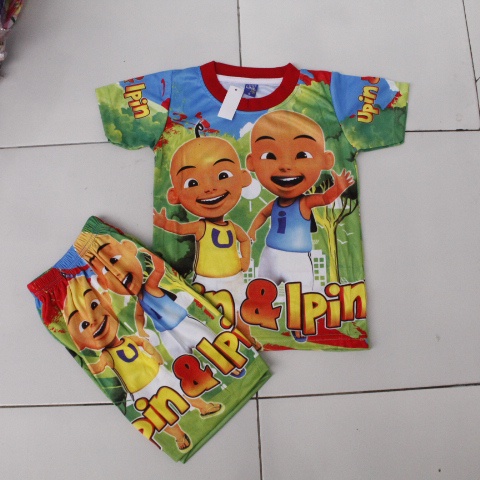 stelana anak upin ipin full printing/baju kaos celana upin i[in printing size 2-10thn