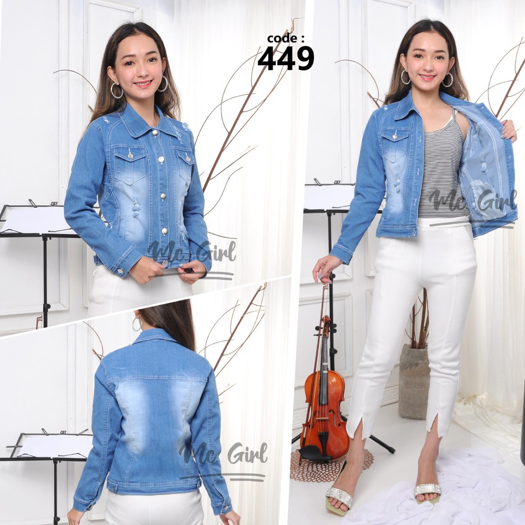 MC girl Jaket Jeans Sobek Wanita /Jacket Jeans Ripped Cewek / Jaket Denim Koyak