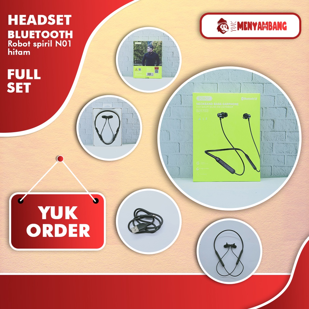 41791 | HFB-Robot Spirit N10 Hitam | Headset Bluetooth Neckband Bass Earphone Robot Spirit N10