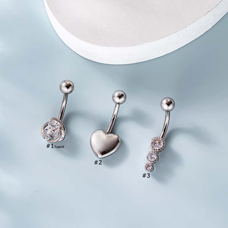 1pc Cincin Tindik Pusar Bahan Stainless Steel Desain Hati Hias Zircon 14inci Untuk Wanita