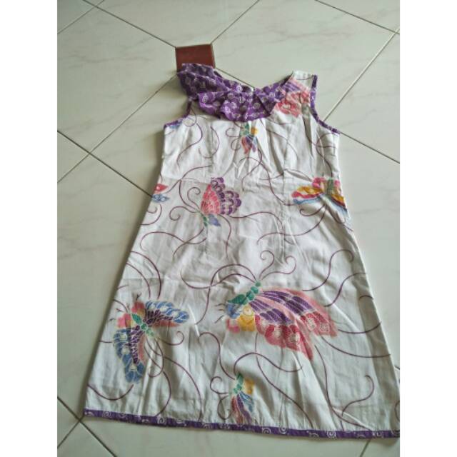 Dress/Terusan Batik tulis warna ungu dan putih satu lengan
