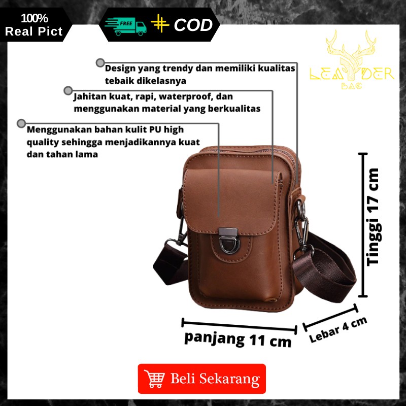 Tas Selempang HP Kulit Cowok Ori Keren Anti Air Terbaru 2021 Warna Coklat / Tas Pinggang Kecil Pria