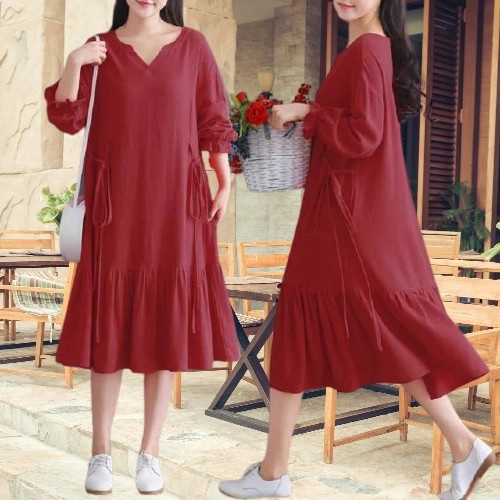 Dress wanita Jumbo Putih Navy Maroon Midi Dress v neck Tunik big size - Navy
