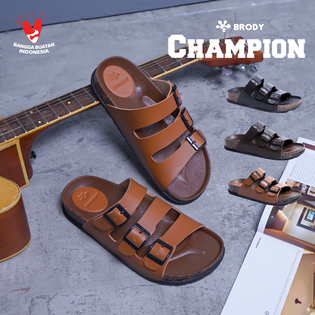 Brody CHAMPION  Sandal Slop Pria Casual Sendal Slide Cowok Bahan Kulit Sol Puyuh Karet Birken Kekinian