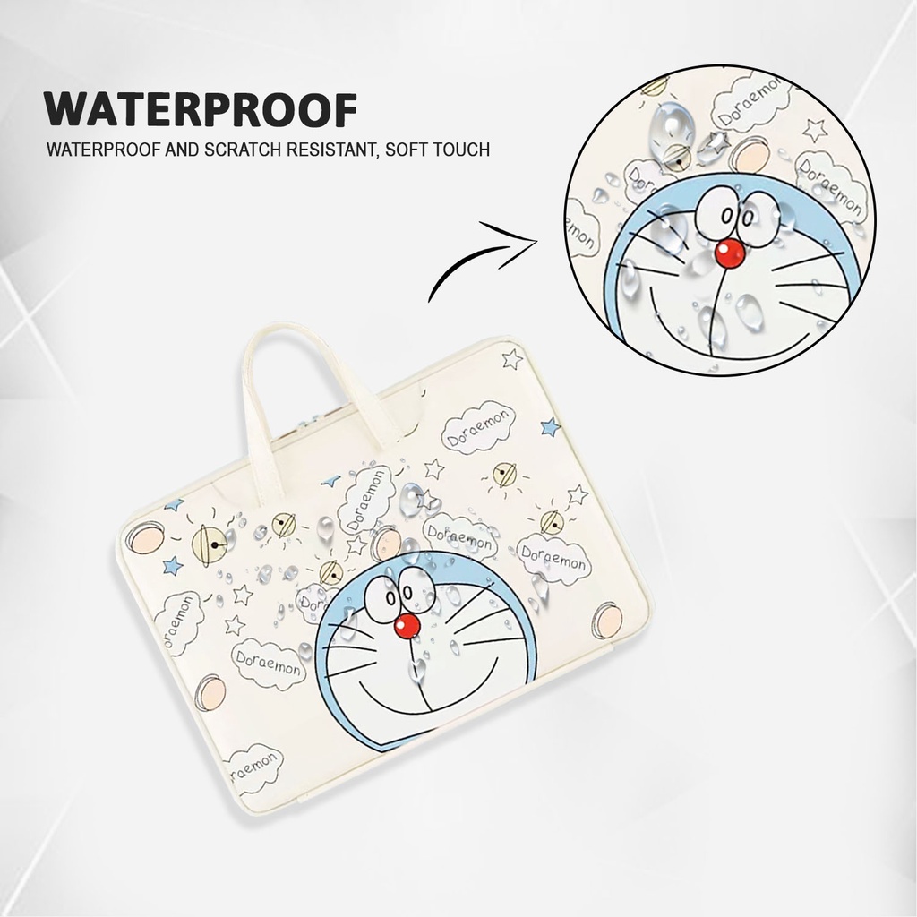 Sleeve Pouch Sarung Tas Bag Case Ipad Tab Tablet Macbook Air Pro Laptop Asus Acer Lenovo HP Huawei 11 12 13 14 15 inch Motif Gambar Kartun Cartoon Doraemon Warna Putih Biru White Blue Cute Murah Korean Model Jinjing Tali Strap Waterproof Tahan Air