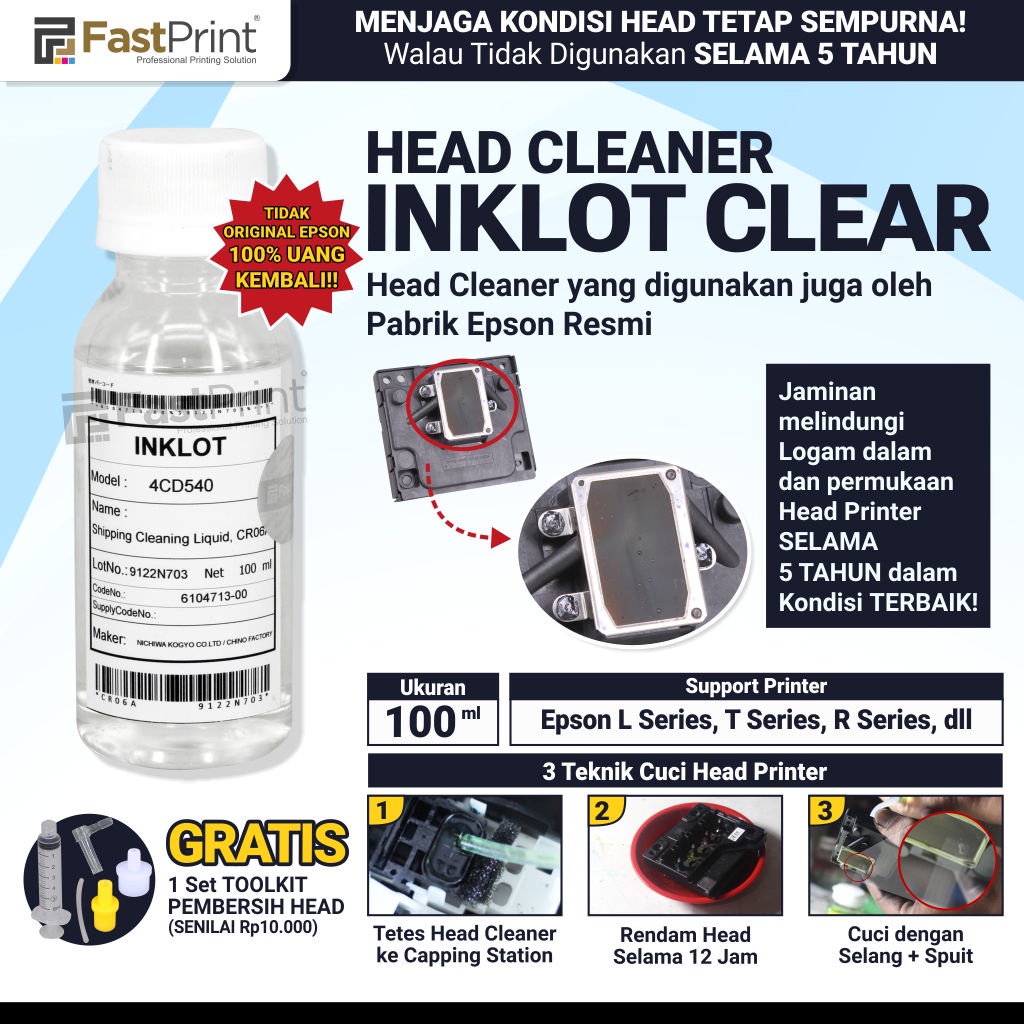 Head Cleaner Original Epson Inklot Clear Cairan Pelumas Head Printer Printhead 100ML