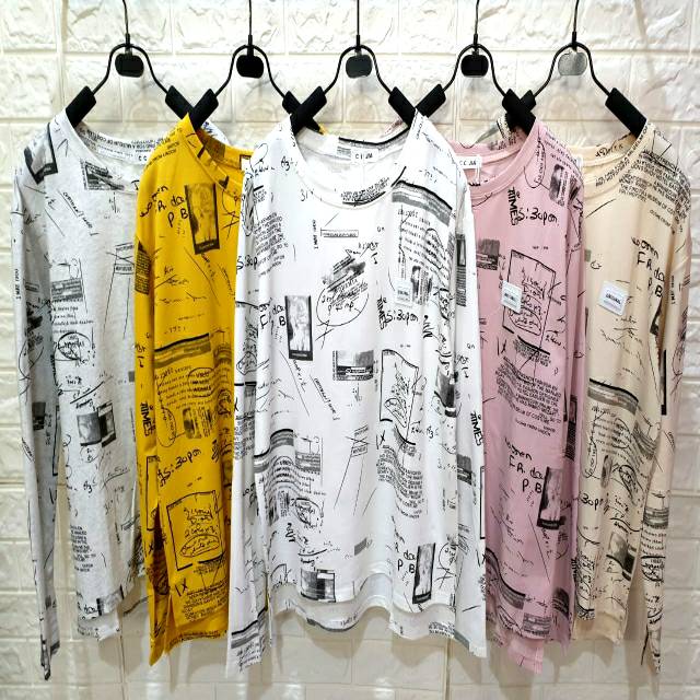 Kaos Wanita Lengan Panjang Import Motif Koran All Size