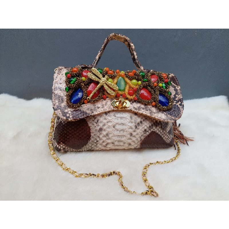 Clutch Pesta Size S Warna Cokelat Caramel- Clutch Model Oval Asli Tas Kulit Ular Phyton