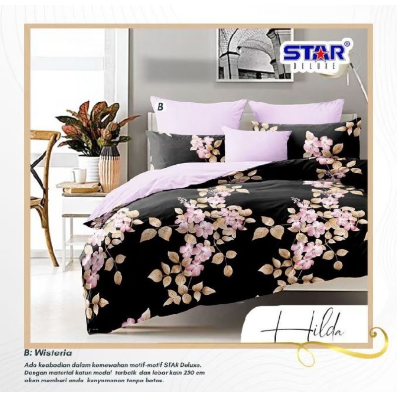 Sprei katun panca premium motif bunga hilda hitam star