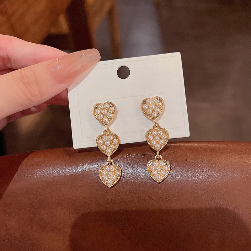 Anting Gantung Panjang Model Hati Dengan Mutiara Bahan silver 925 Untuk Wanita