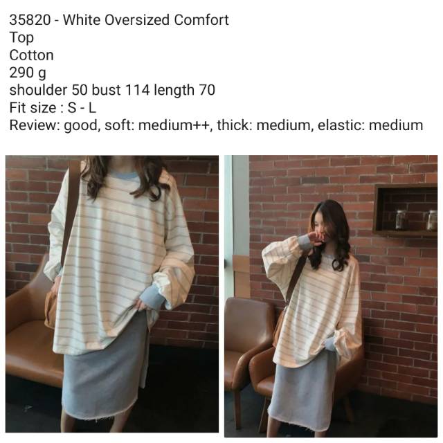 Kaos cewek jumbo salur putih lengan panjang
