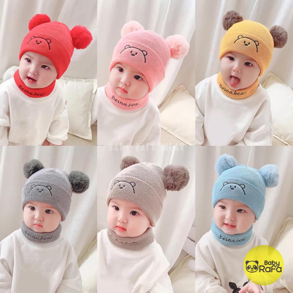 Topi Rajut Kupluk Bayi Pom Pom Premium / Topi Bayi Pom Pom BEAR Anak Laki - Laki Perempuan / Kupluk Baby Pompom BEAR