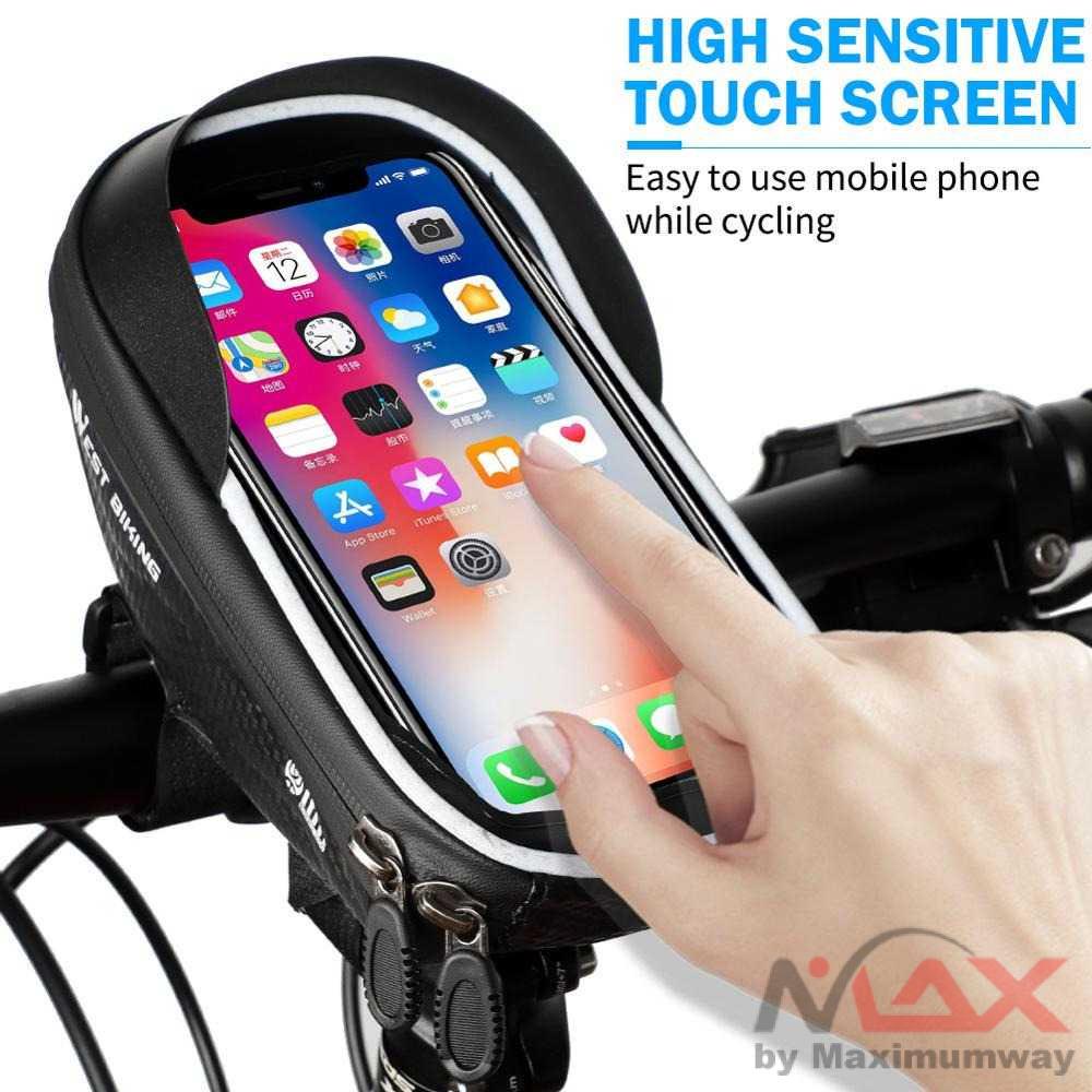 Tas Sepeda atau motor holder HP Waterproof Smartphone 6.5 Inch anti air waterproof setang stang WEST BIKING Waterproof Bike Bag Frame High Sensitive Touch Screen 6.0inch Phone Case Cycling Bag Front Top Tube MTB Bicycle Bags