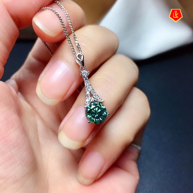 [Ready Stock]Full Diamond Green Moissanite Necklace Set Ear Studs