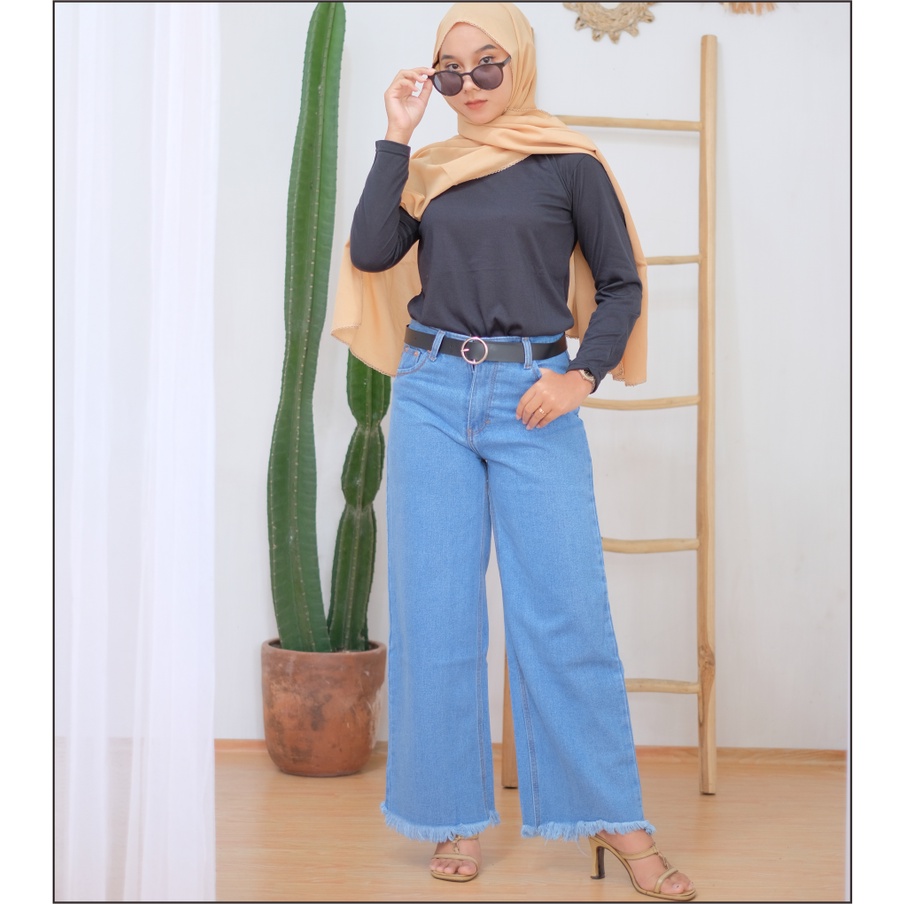 DEYAN - Celana kulot jeans rawis wanita tebal premium-MEDIUM BLUE