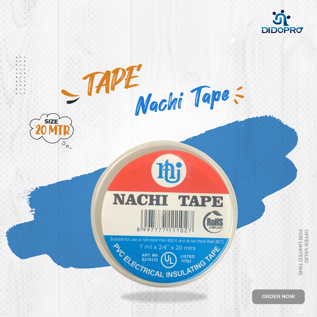 

NACHI TAPE ISOLASI HITAM KECIL LAKBAN SELOTIP SOLATIP LISTRIK ELEKTRIK ELECTRICAL INSULATING KABEL
