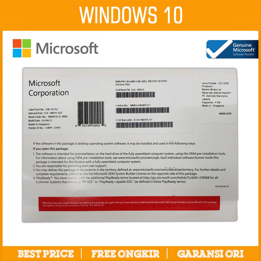 WINDOWS 10 ( PRO / HOME ) 64Bit Eng Int 1pk DSP OEI DVD (OEM)