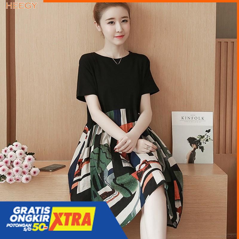 Dress Casual O-Neck Lengan Pendek Longgar Oversize Motif Print Bunga Gaya Wanita Korea