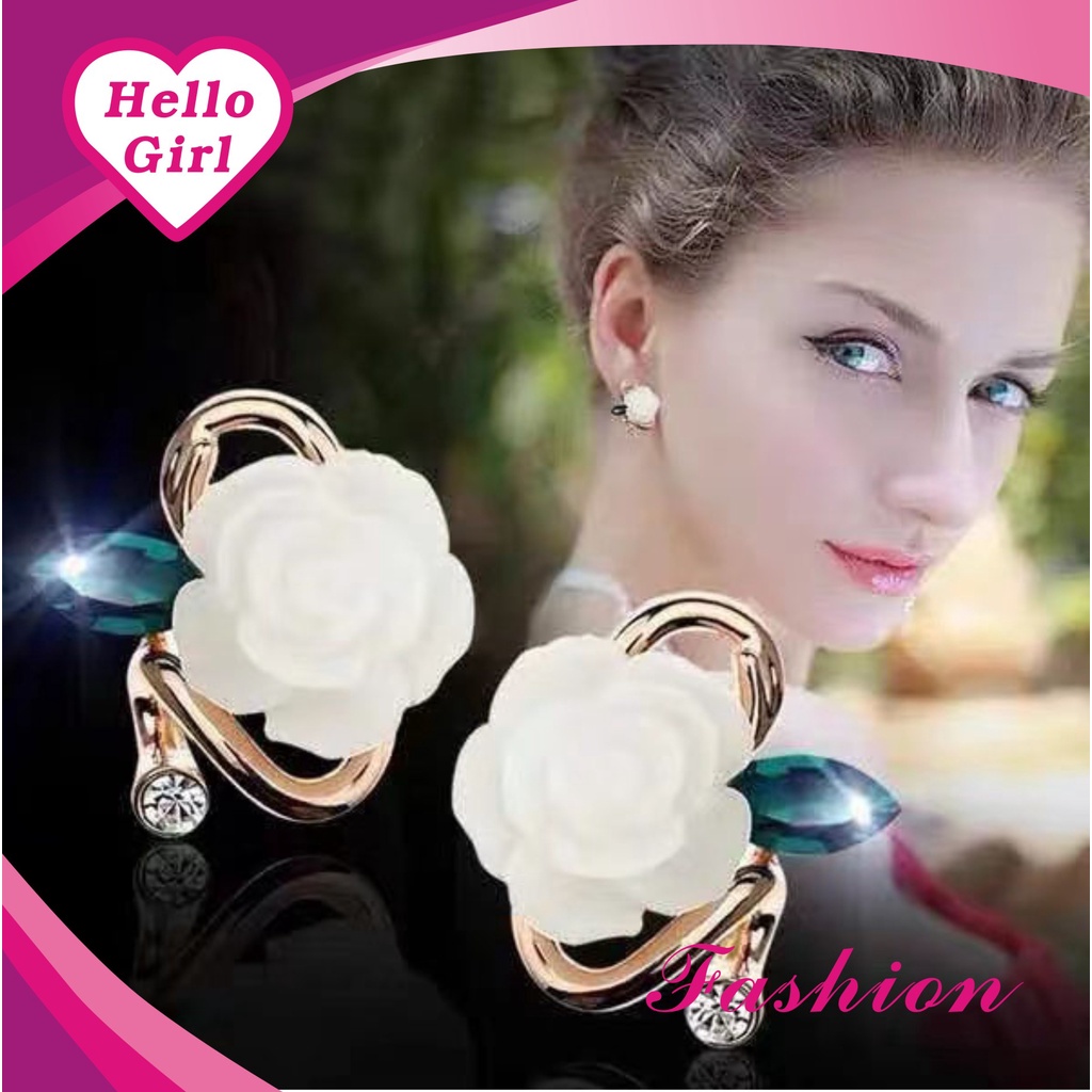 (Hello Girl)E06 Anting Wanita Model Tusuk Motif Bunga Mawar Permata Gaya Korea import