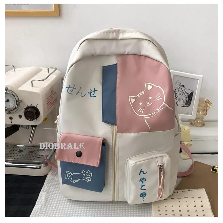Diobrale - Tas Ransel Anak Remaja Wanita Motif Kucing Karakter Sekolah SD SMP Kekinian Terbaru 2024