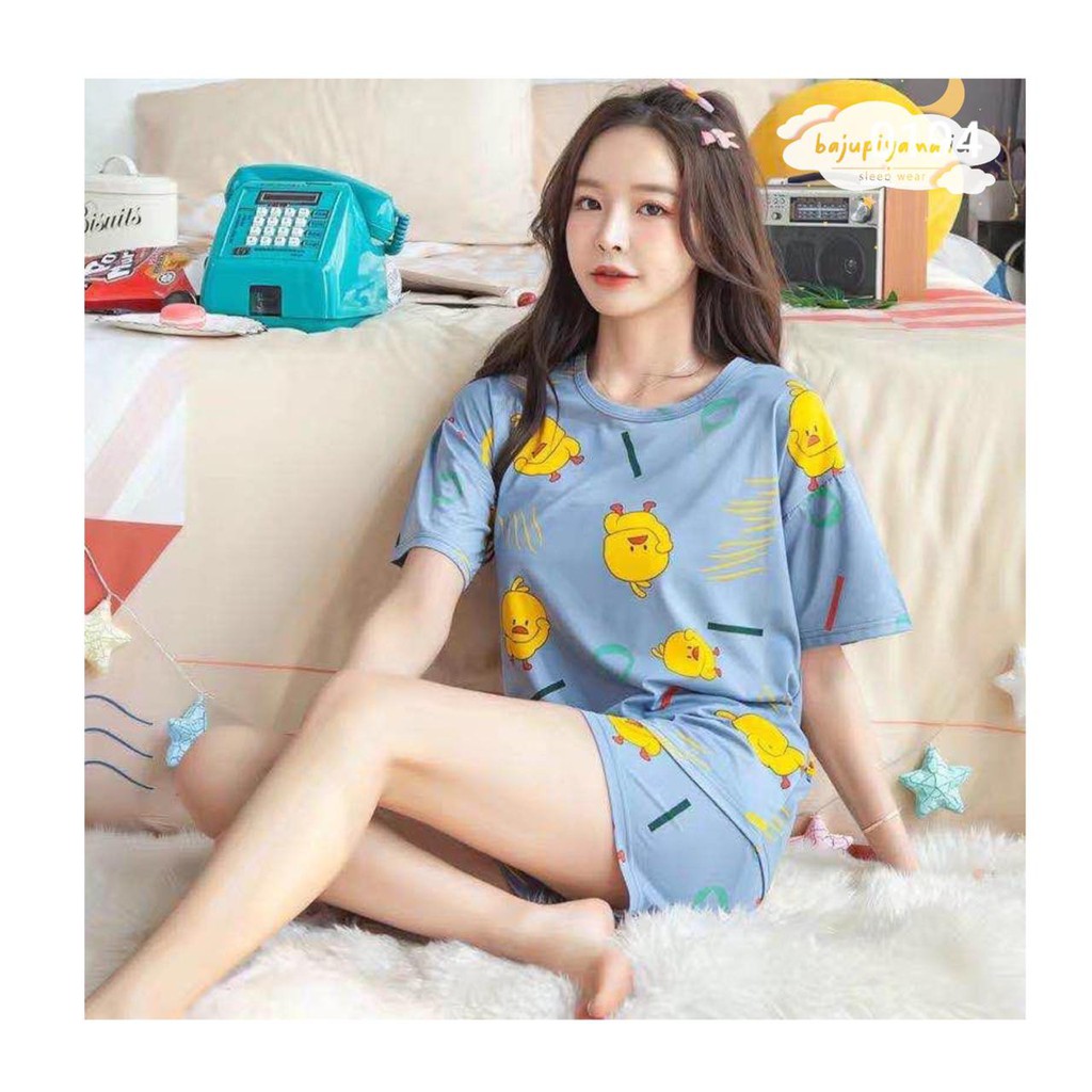 Piyama Kaos Motif Ayam Celana Pendek Import / Baju Tidur Dewasa Kaos Motif Ayam Celana Pendek Import