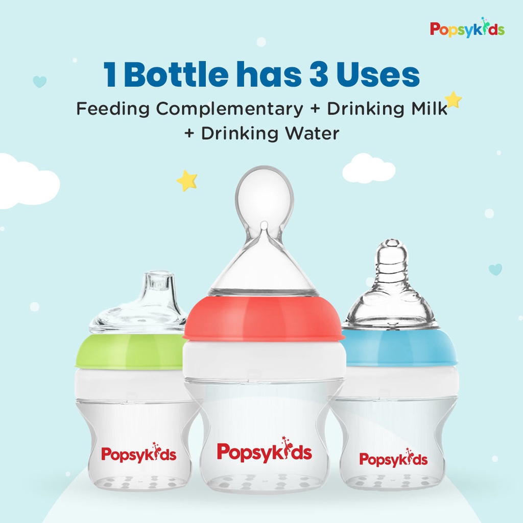 PopsyKids Baby Silicone Milk Bottle Spoon and Sippy cup Nipple 3 in 1 Botol Susu Bayi Silikon Dot Sendok dan SippyCup 3in1